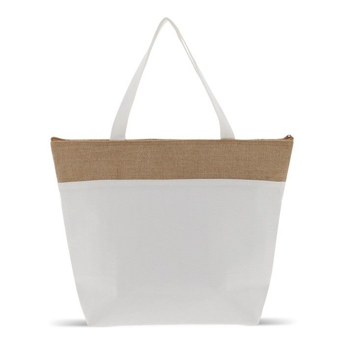 Sac glacière en coton avec détail en jute et fermeture éclair avec zone d'impression