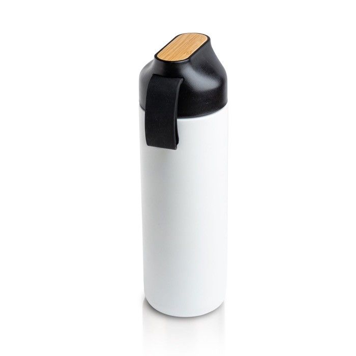 Bouteille thermos en inox avec anse et détail en bambou 600 ml avec zone d'impression
