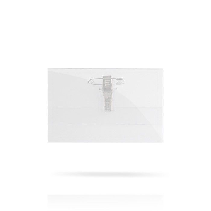 Identificateur transparent en plastique avec clip arrière 9x5,5 cm avec zone d'impression