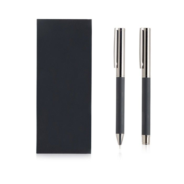 Ensemble roller et stylo métal et carbone, style moderne, encre bleue avec zone d'impression