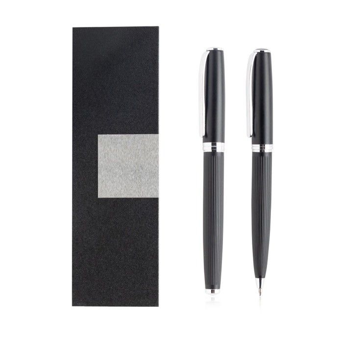 Ensemble roller et stylo en métal avec boîte matelassée, encre noire avec zone d'impression