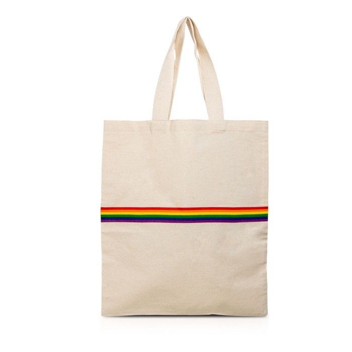 Sac en coton naturel avec bande multicolore et poignées 180 g/m² avec zone d'impression