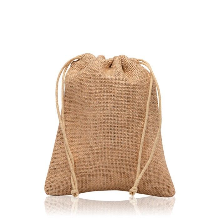 Petit sac en jute couleur naturelle avec deux cordons de nœuds avec zone d'impression