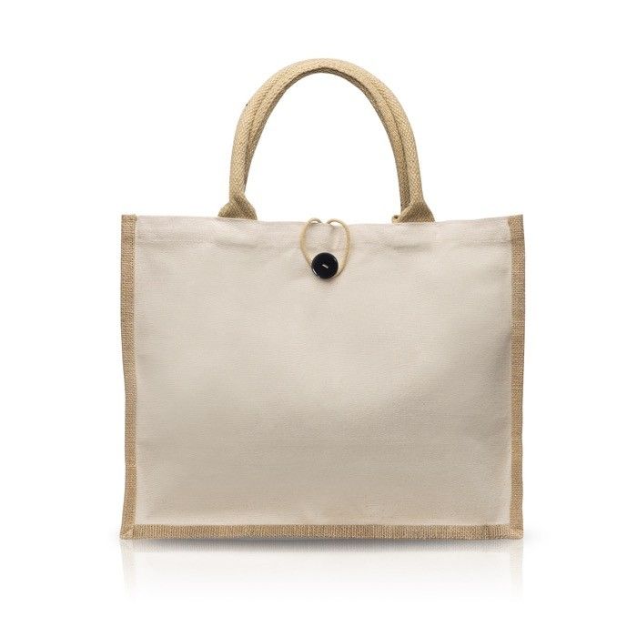 Sac en coton et jute avec bouton de fermeture et poignées 310 g/m² avec zone d'impression