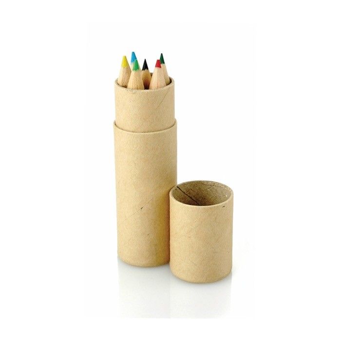 Étui en carton rond avec 6 crayons de couleur en bois avec zone d'impression