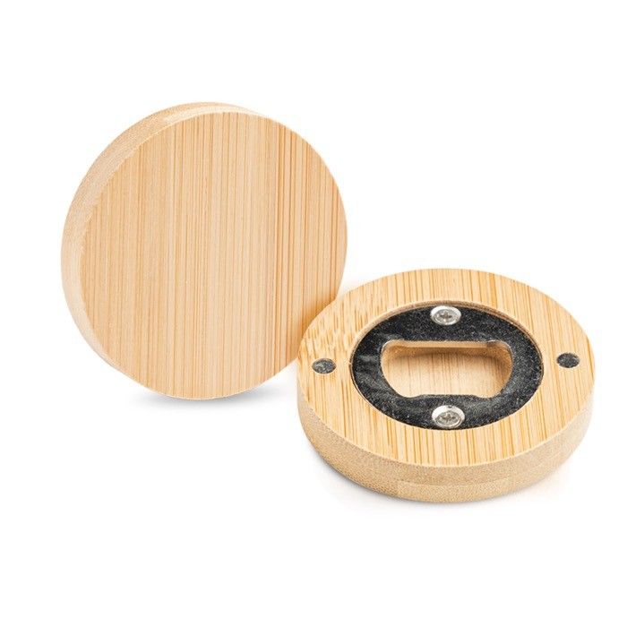 Décapsuleur en acier inoxydable et bambou avec aimant avec zone d'impression