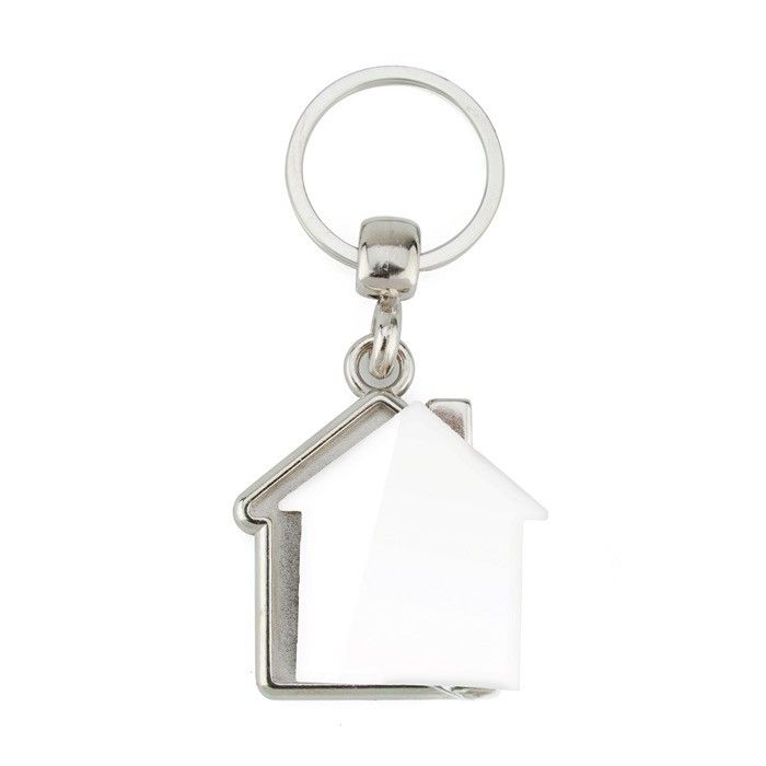 Porte-clés métal en forme de maison avec papier inséré à l'intérieur avec zone d'impression