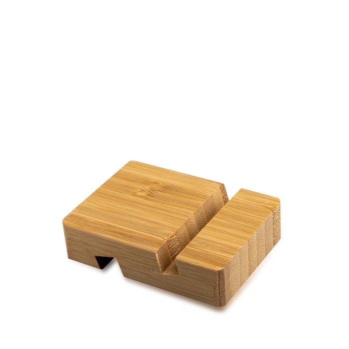 Support en bambou pour téléphones et tablettes de différentes tailles avec zone d'impression