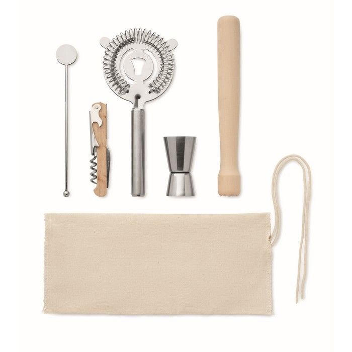 Kit à cocktail avec 5 outils essentiels dans une pochette en coton