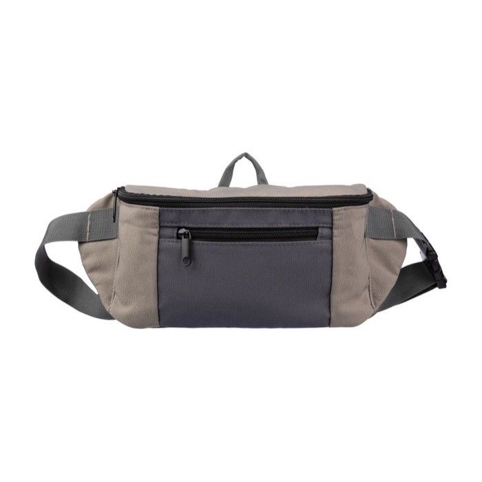 Ceinture banane tricolore en polyester avec poche avant et supérieure couleur taupe avec zone d'impression