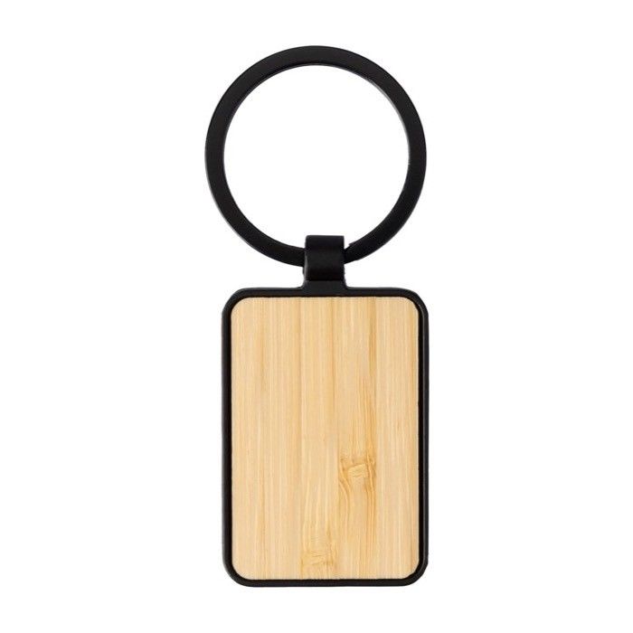 Porte-clés en bambou bordure et attache métallique noire couleur noir avec zone d'impression