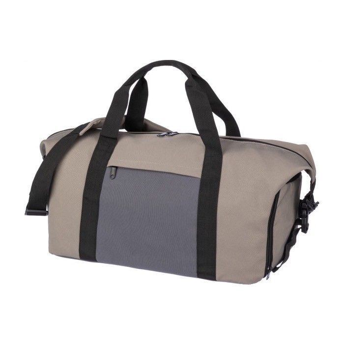 Sac de voyage tricolore avec compartiment latéral pour chaussures couleur taupe avec zone d'impression