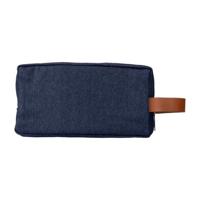 Trousse de toilette en jean avec poignée latérale en simili cuir couleur bleu avec zone d'impression