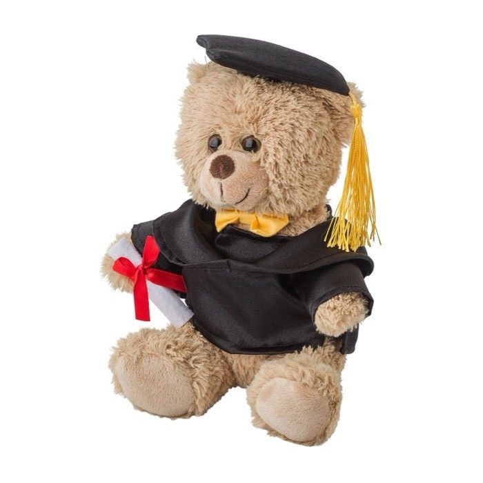 Ours en peluche avec robe de chambre, bonnet et diplôme de graduation