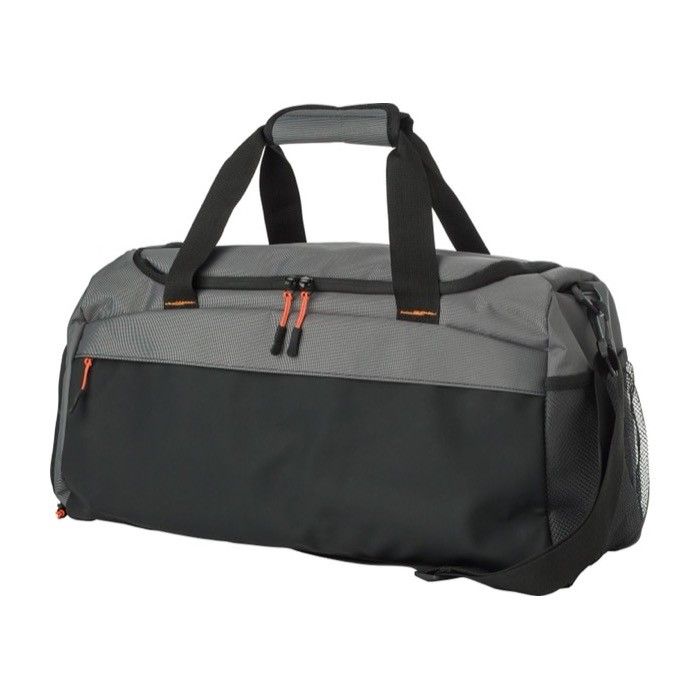 Sac de voyage bicolore avec compartiment latéral pour chaussures couleur gris avec zone d'impression