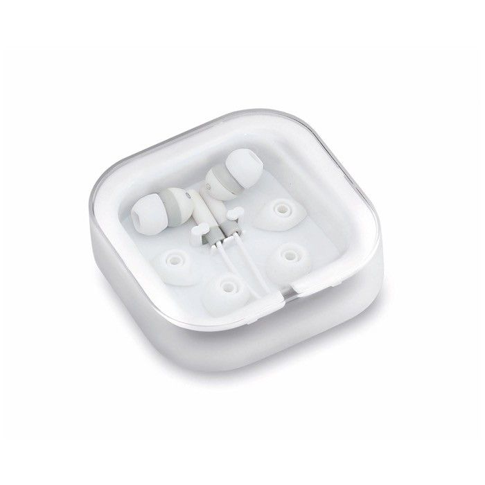 Écouteurs de différentes couleurs avec connexion jack dans étui blanc