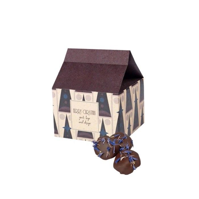 Petite maison de Noël avec bonbons de prunes enrobées de chocolat vue principale