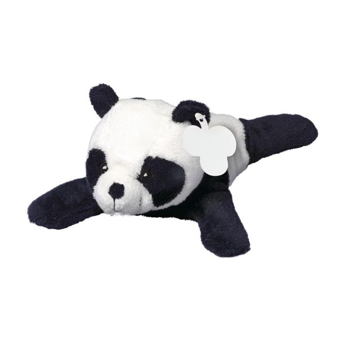 Peluche en forme de panda allongé avec étiquette personnalisable