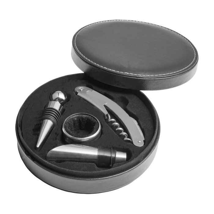 Set de vin dans étui rond avec 4 accessoires en acier inoxydable
