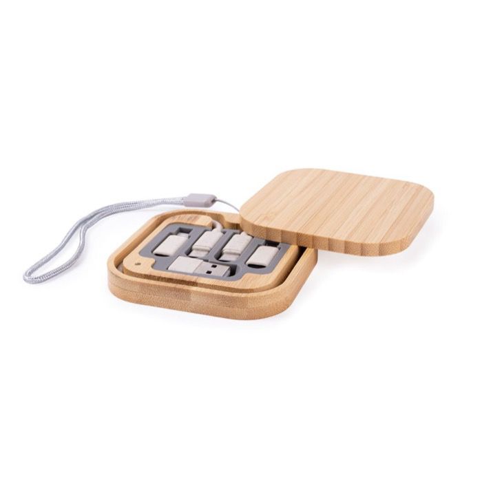 Set de câbles multi-connecteurs dans boîte de transport en bambou