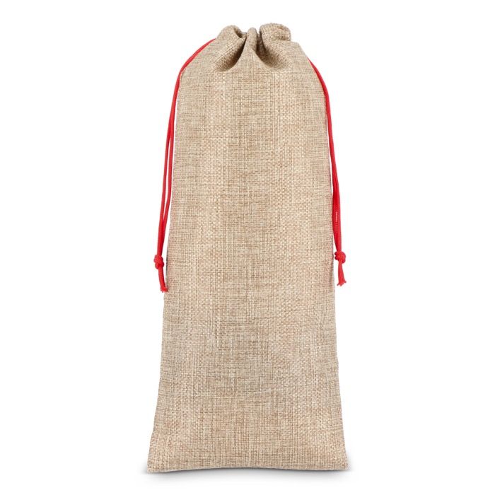 Sac à vin au design rustique en jute avec cordon de fermeture rouge