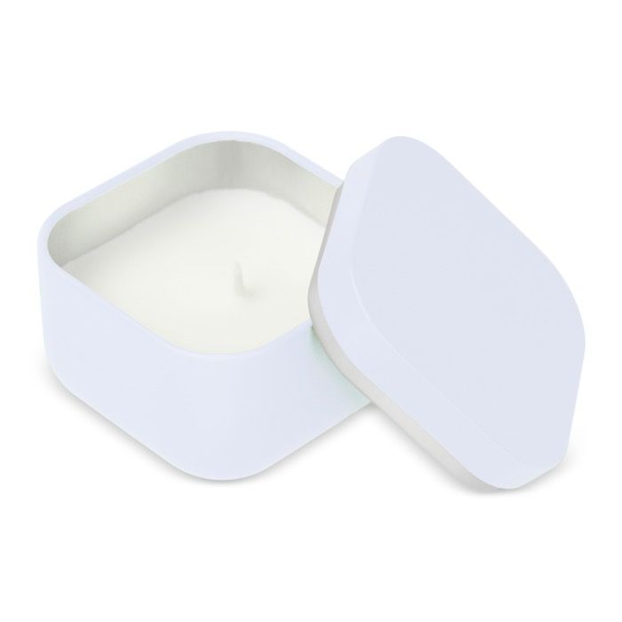 Bougie en cire végétale avec parfum vanille dans un pot en métal carré