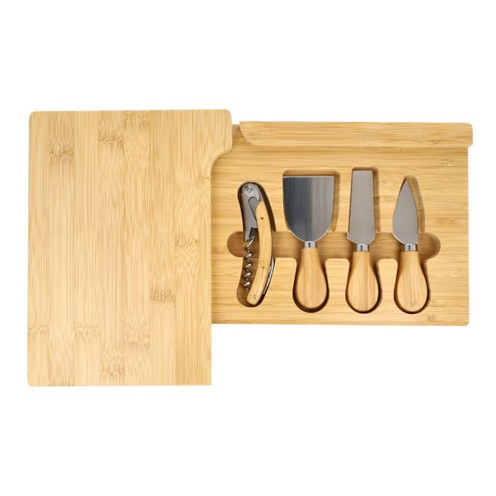 Set d'ustensiles pour fromage et vin dans une boîte en bambou