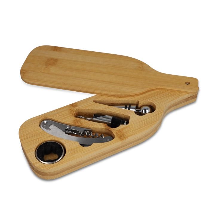 Boîte en bois en forme de bouteille avec accessoires pour le vin