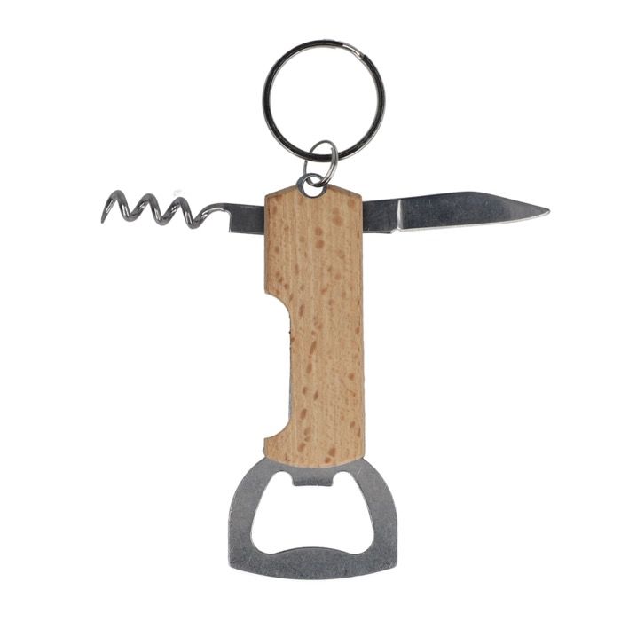 Porte-clés en bambou avec fonction tire-bouchon et décapsuleur