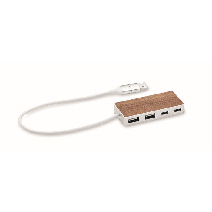 Hub USB 4 ports en aluminium recyclé avec détail en noyer