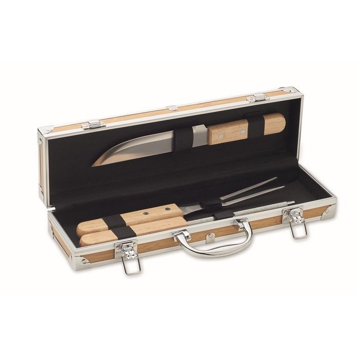 Coffret aspect bois avec 3 ustensiles pour barbecue