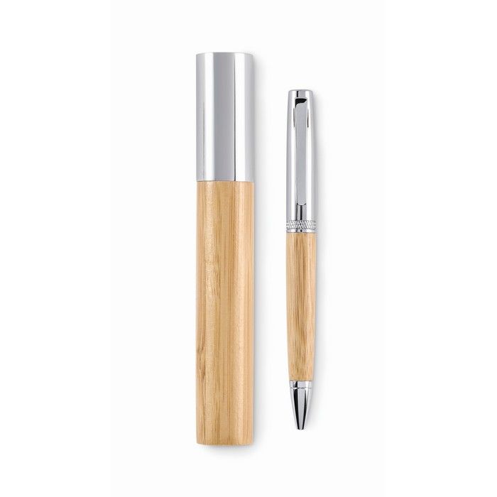 Stylo avec corps en bambou dans étui cylindrique assorti, encre bleue