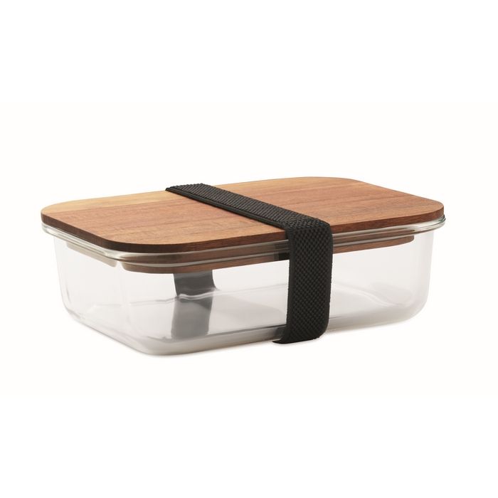 Lunch box en verre avec couvercle bois et fermeture élastique
