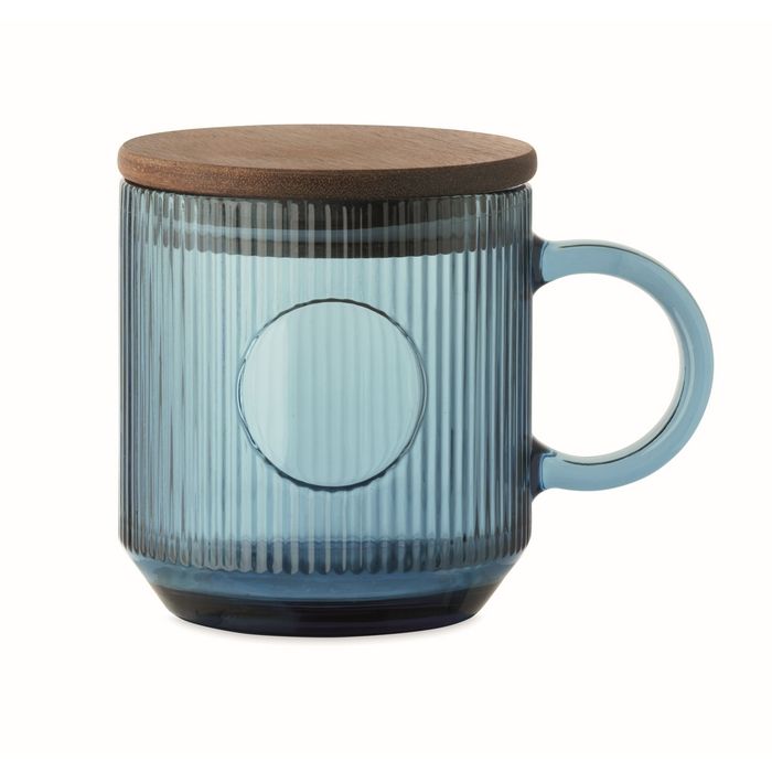 Tasse originale en verre strié avec couvercle en bois d'acacia 300 ml