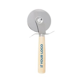 Coupe-pizza en bois et acier publicitaire avec zone d'impression