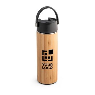 Bouteille thermos en bambou et en acier couleur noir avec zone d'impression