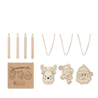 Set de 3 ornements de Noël en bois et crayons présentés dans une boîte vue avec zone d'impression