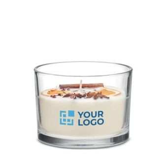 Bougie en cire végétale au fleurs et fruits, cannelle et d'agrumes vue avec zone d'impression