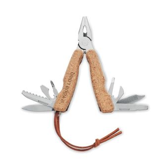 Couteau de poche multi-usages en inox 9 fonctions et étui en liège vue avec zone d'impression