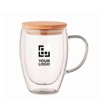 Mug à anse en verre double paroi, couvercle en bambou 300 ml