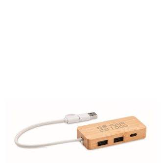 Hub USB en bambou avec 3 ports et câble de 20 cm