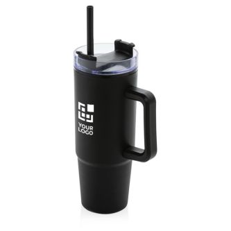 Mug thermique en plastique recyclé à couvercle 3 voies 900ml couleur noir avec zone d'impression