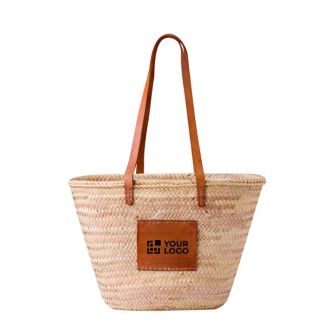 Sac en paille chic à longues anses et patch en similicuir