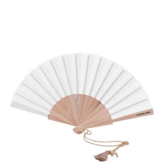 Eventail de 23 cm avec bracelet doré et pompon décoratif