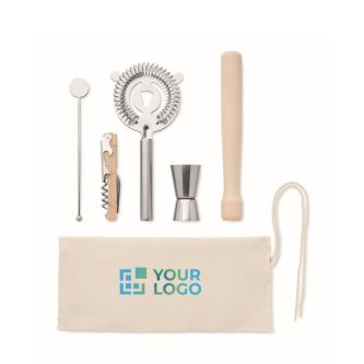 Kit à cocktail avec 5 outils essentiels dans une pochette en coton