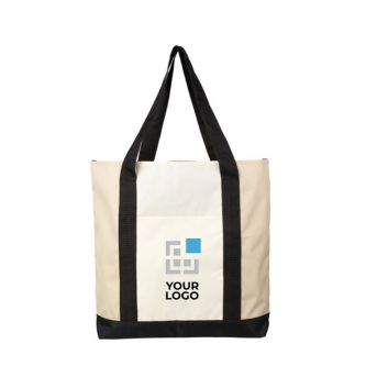 Sac en RPET avec fermeture éclair sur le dessus et poche avant couleur beige avec zone d'impression