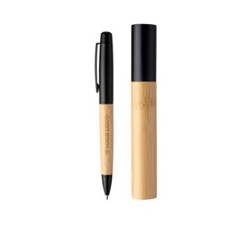 Stylo en acier inoxydable avec poignée en bambou, encre bleue