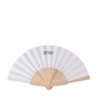 Éventail en RPET blanc avec manche en bois clair