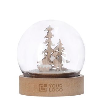 Boule lumineuse avec motif de Noël à l'intérieur et une base en bois