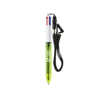 Stylo en plastique avec cordon, encre 3 couleurs et 1 surligneur BIC®